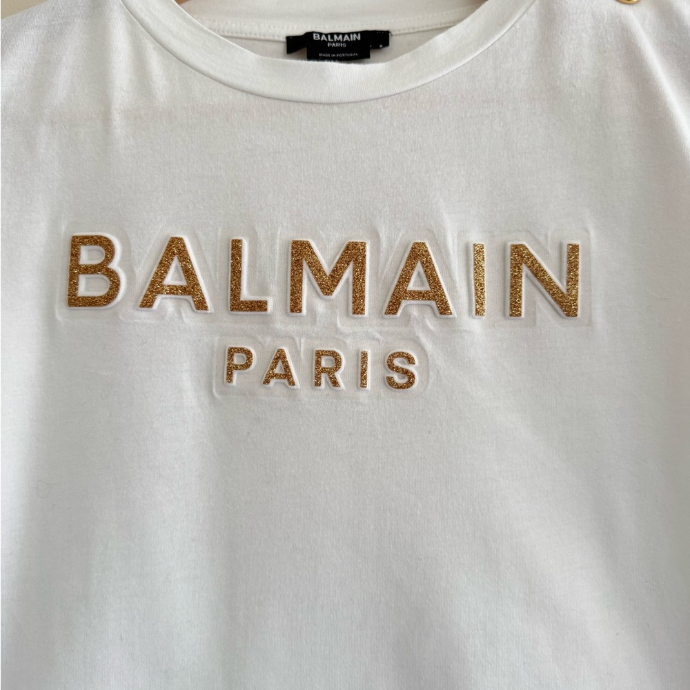 Balmain Paris‎ White Logo T-Shirt with Gold Buttons Size 12A - Picture 3 of 9